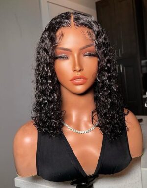 Perruque Lace Wig - 13x6 Perruque courte ondulée effet mouillé Cheveux Humains, Sans Colle, avec Boucles, pour Femme -MarocPerruque